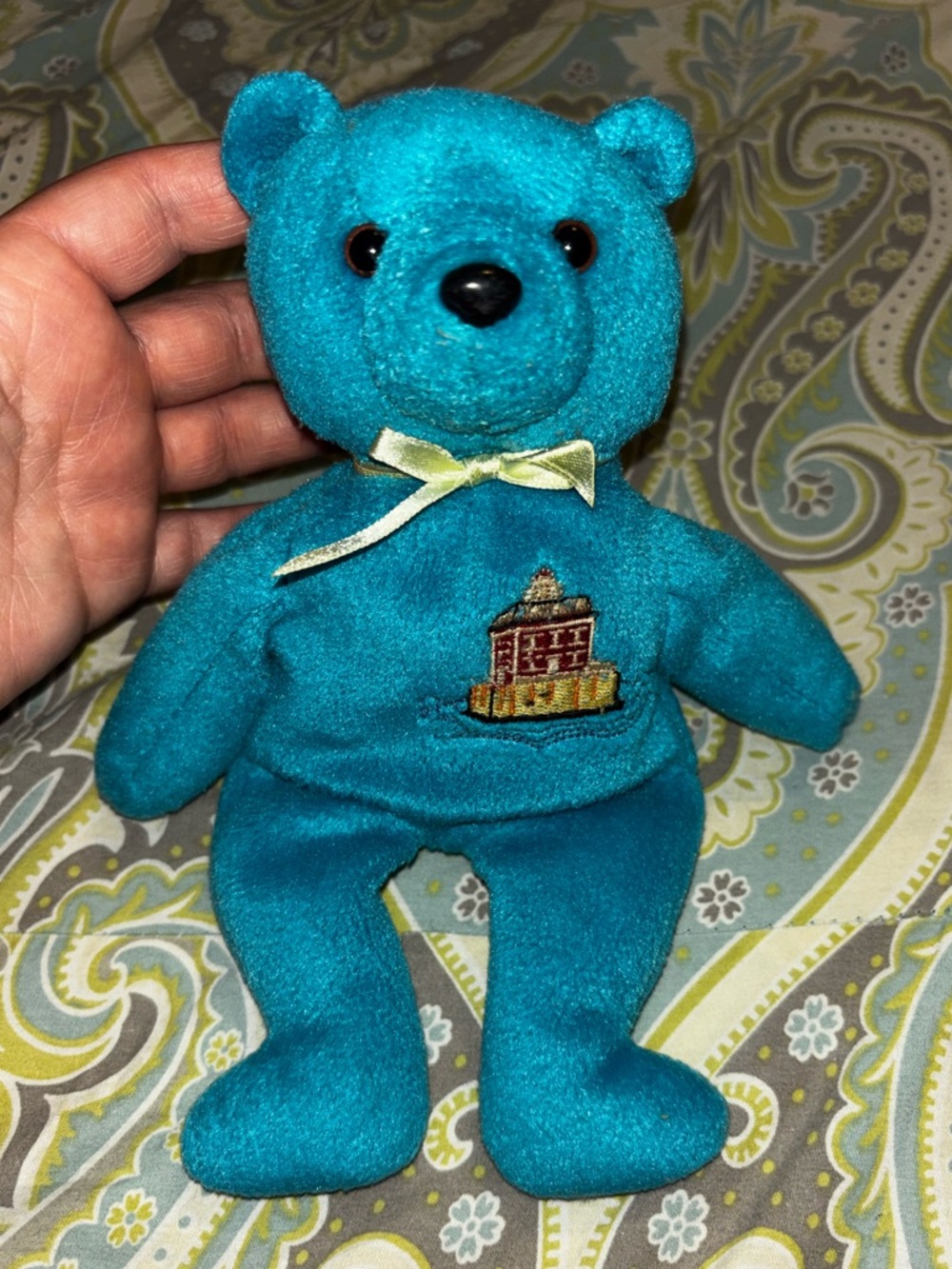 The Coastal Cubs Collection Teal Plush Bear with Embroidered House and Bow
